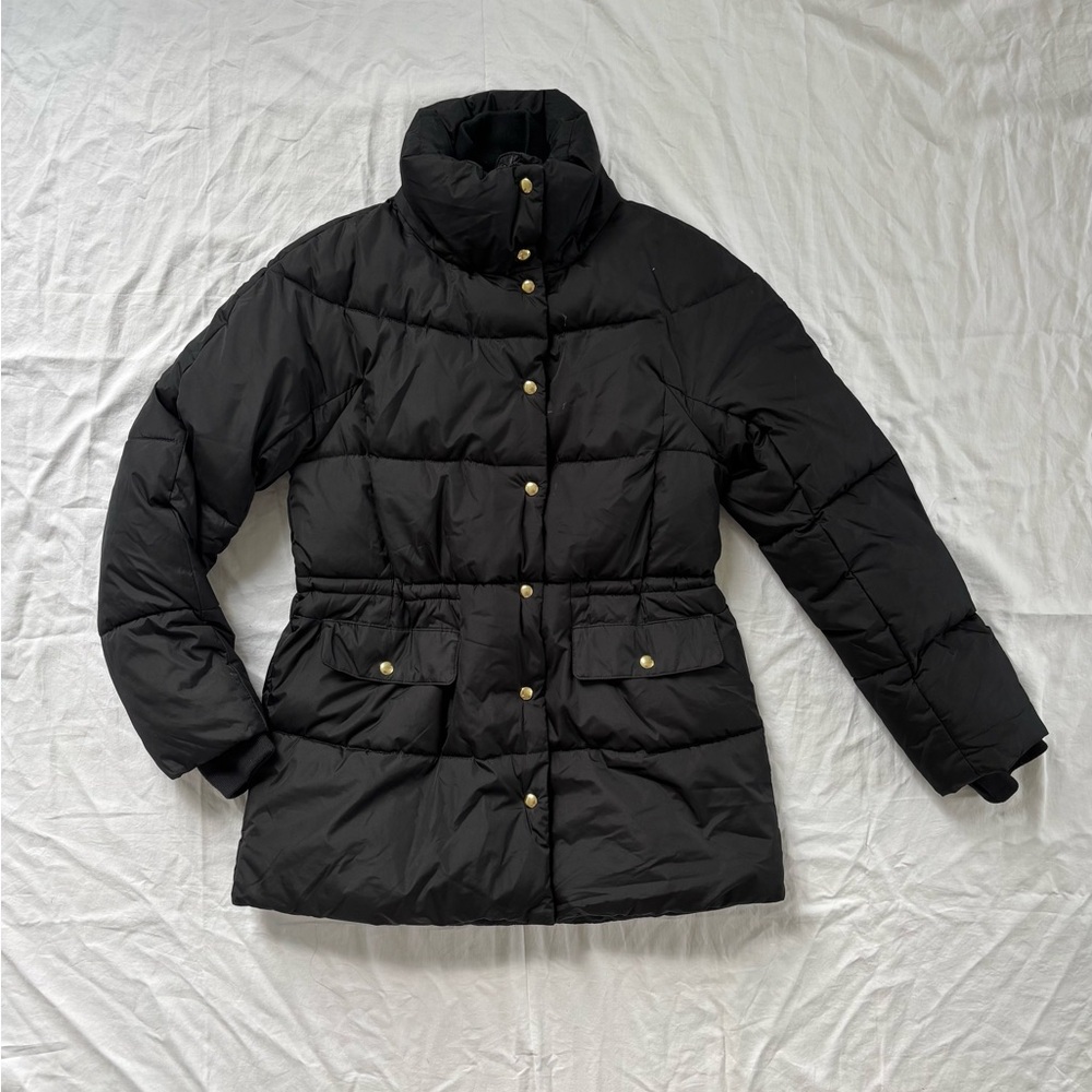 J. Crew Black Signature Puffer Jacket with gold buttons